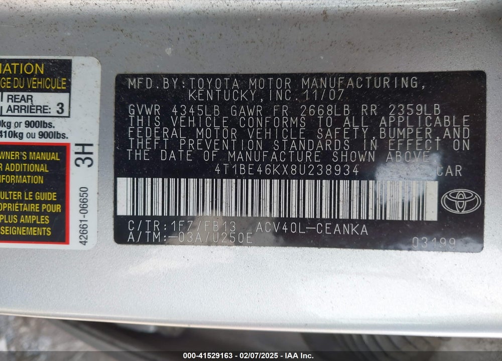 2008 TOYOTA CAMRY LE VIN: 4T1BE46KX8U238934