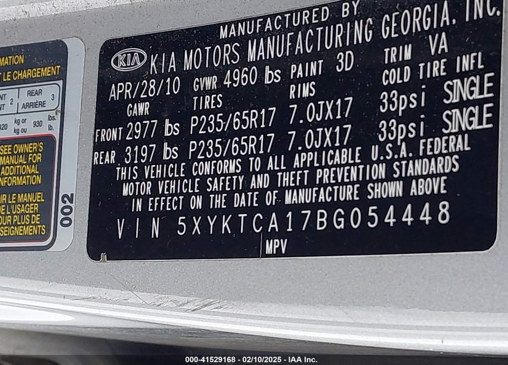 2011 KIA SORENTO LX VIN: 5XYKTCA17BG054448