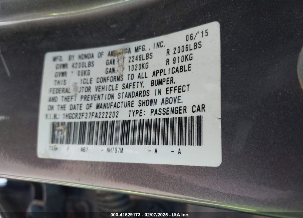 2015 HONDA ACCORD VIN: 1HGCR2F37FA222202