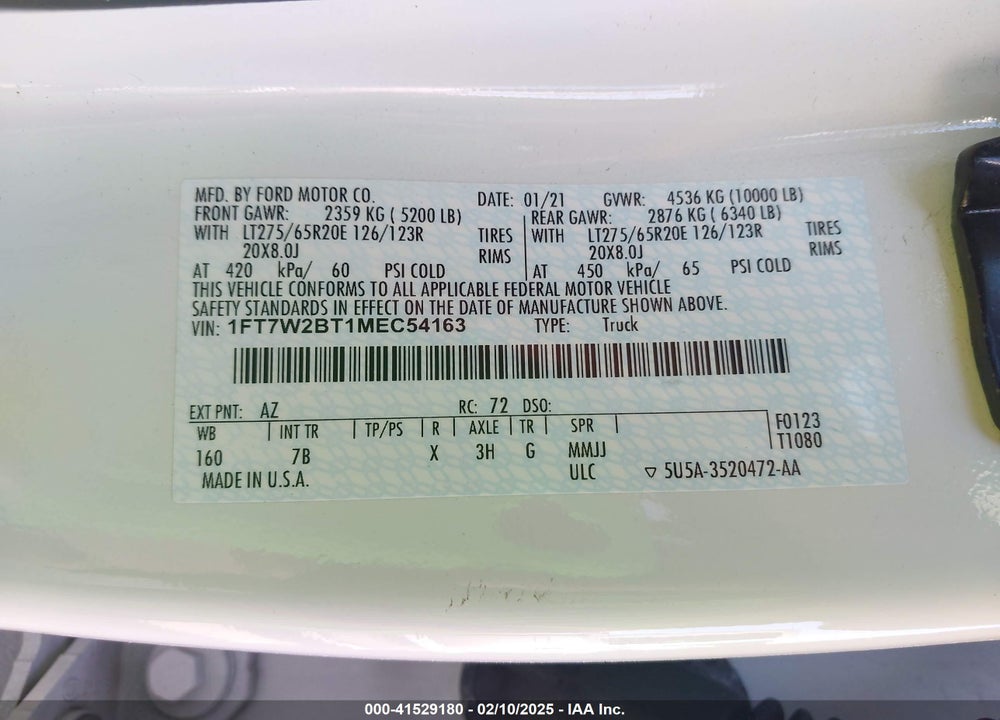 2021 FORD F250 VIN: 1FT7W2BT1MEC54163