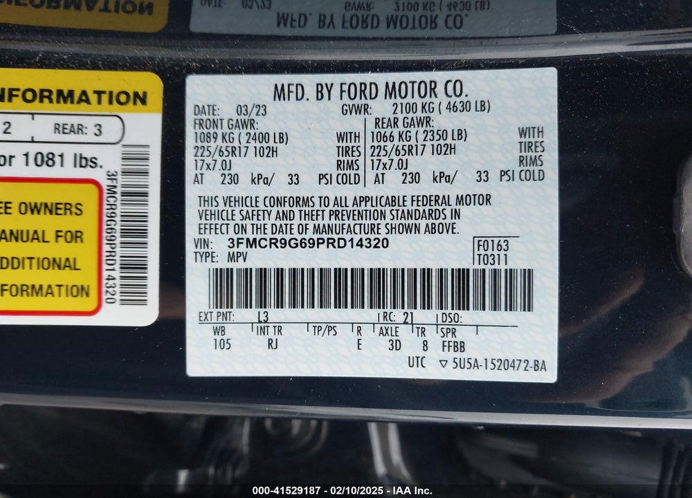 2023 FORD BRONCO SPORT VIN: 3FMCR9G69PRD14320