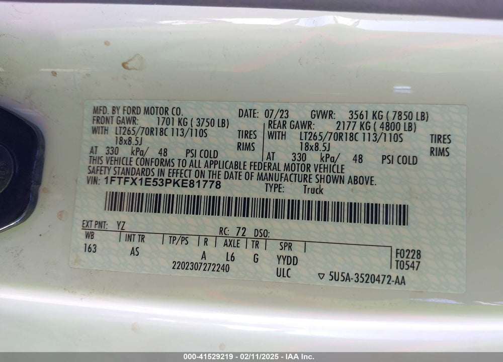 2023 FORD F-150 VIN: 1FTFX1E53PKE81778