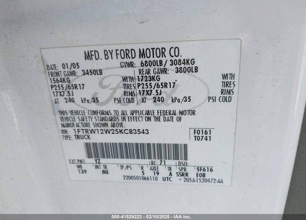 2005 FORD F-150 XLT VIN: 1FTRW12W25KC83543