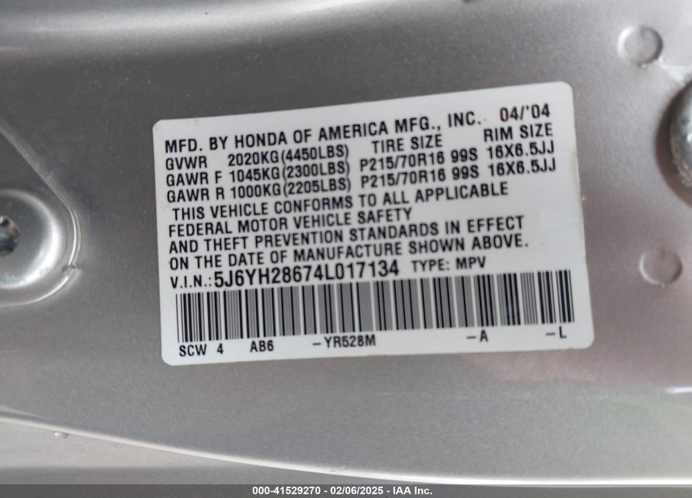2004 HONDA ELEMENT EX VIN: 5J6YH28674L017134