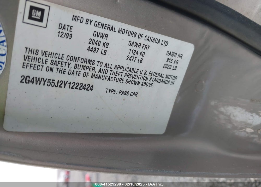 2000 BUICK CENTURY LIMITED VIN: 2G4WY55J2Y1222424