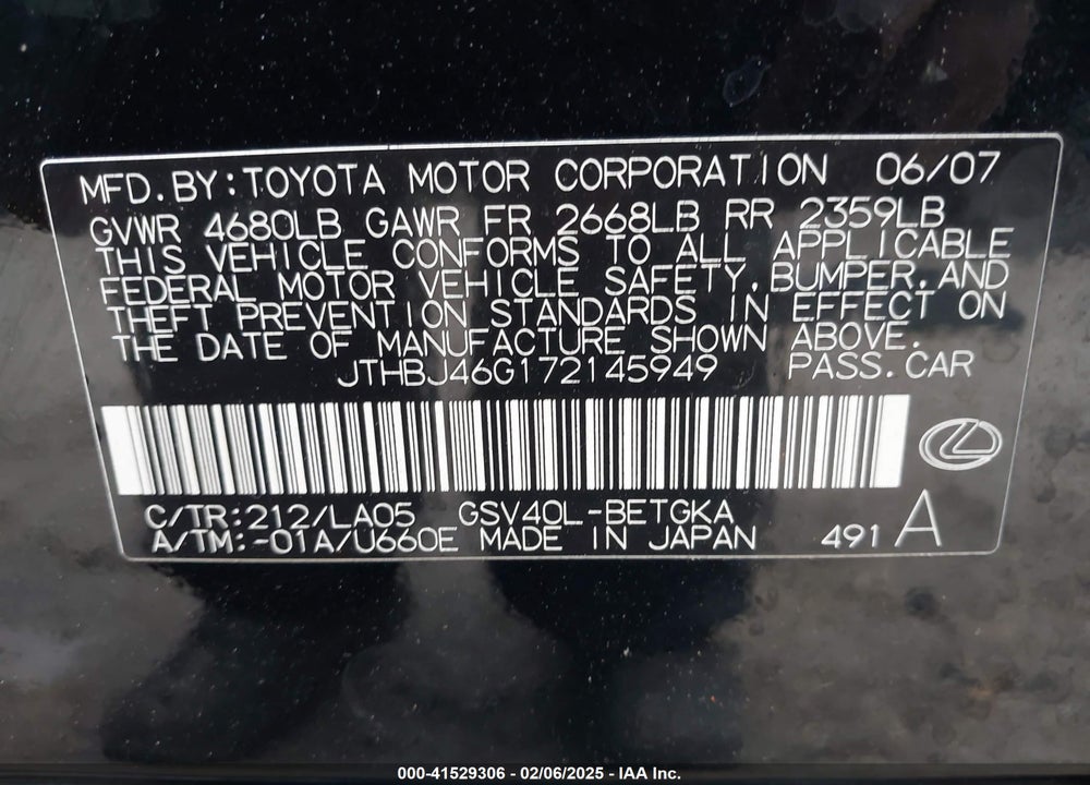 2007 LEXUS ES 350 VIN: JTHBJ46G172145949
