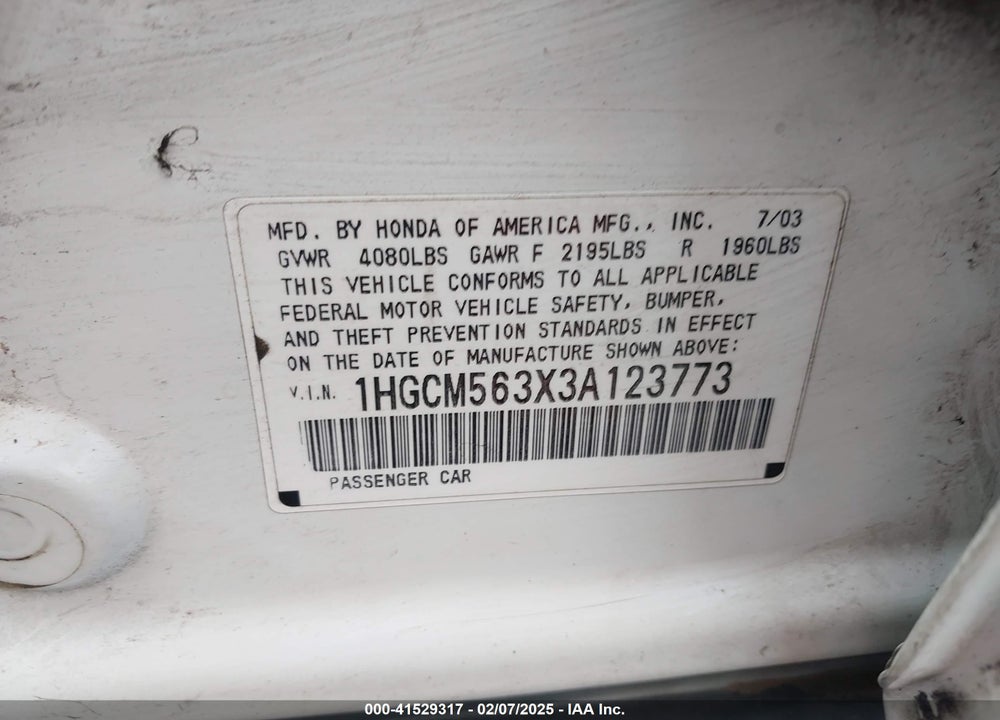 2003 HONDA ACCORD 2.4 LX VIN: 1HGCM563X3A123773