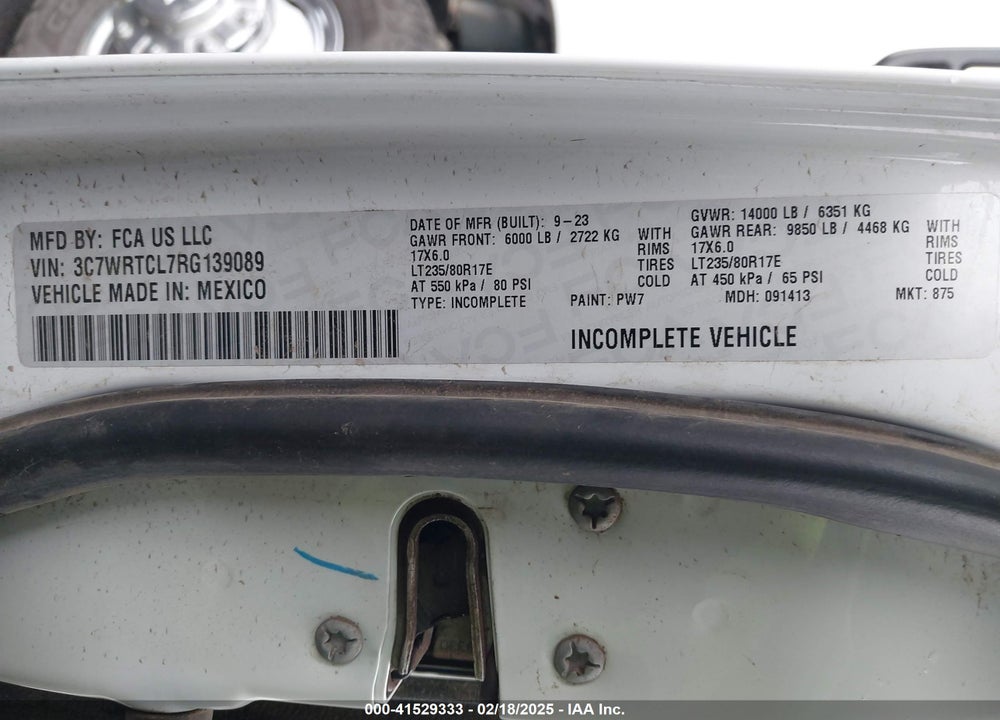 2024 RAM 3500 CHASSIS TRADESMAN/SLT/LAIE/LIMITED VIN: 3C7WRTCL7RG139089
