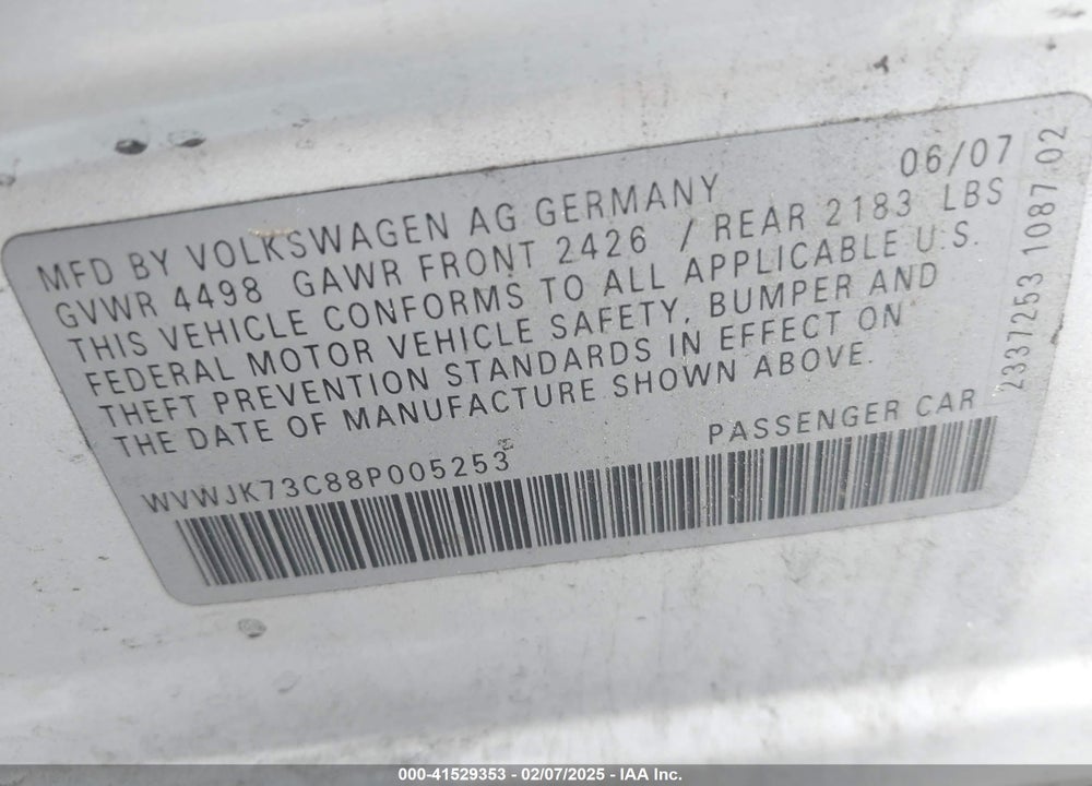 2008 VOLKSWAGEN PASSAT VIN: WVWJK73C88P005253