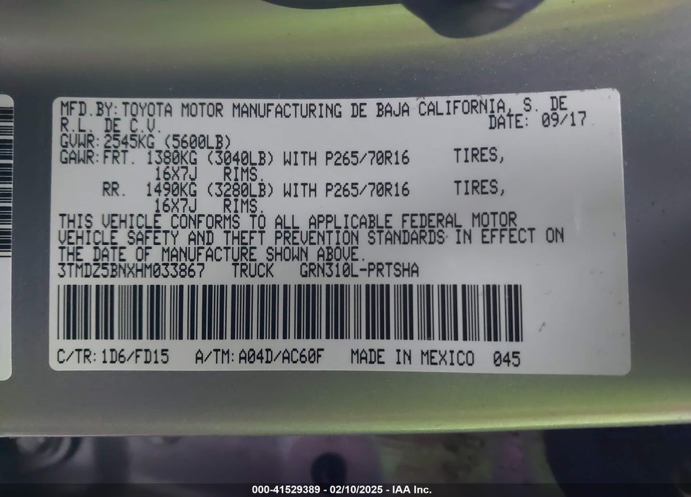 2017 TOYOTA TACOMA VIN: 3TMDZ5BNXHM033867
