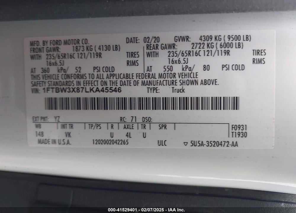 2020 FORD TRANSIT-350 CARGO VAN VIN: 1FTBW3X87LKA45546