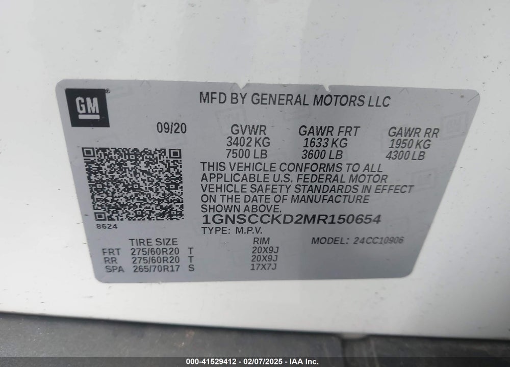 2021 CHEVROLET SUBURBAN 2WD LT VIN: 1GNSCCKD2MR150654