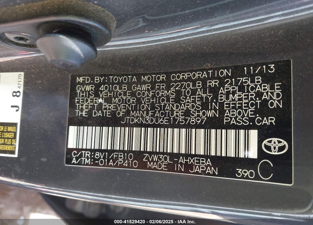 2014 TOYOTA PRIUS VIN: JTDKN3DU6E1757897