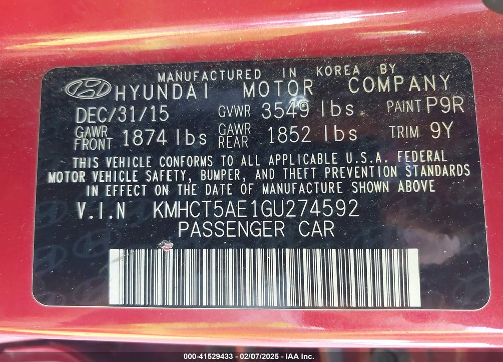 2016 HYUNDAI ACCENT VIN: KMHCT5AE1GU274592