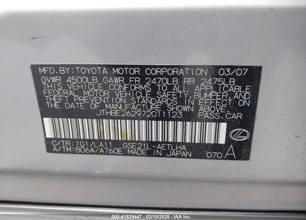 2007 LEXUS IS 350 VIN: JTHBE262972011123