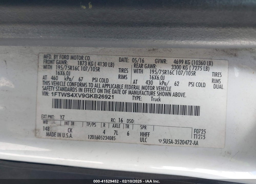 2016 FORD TRANSIT-350 VIN: 1FTWS4XV9GKB26921