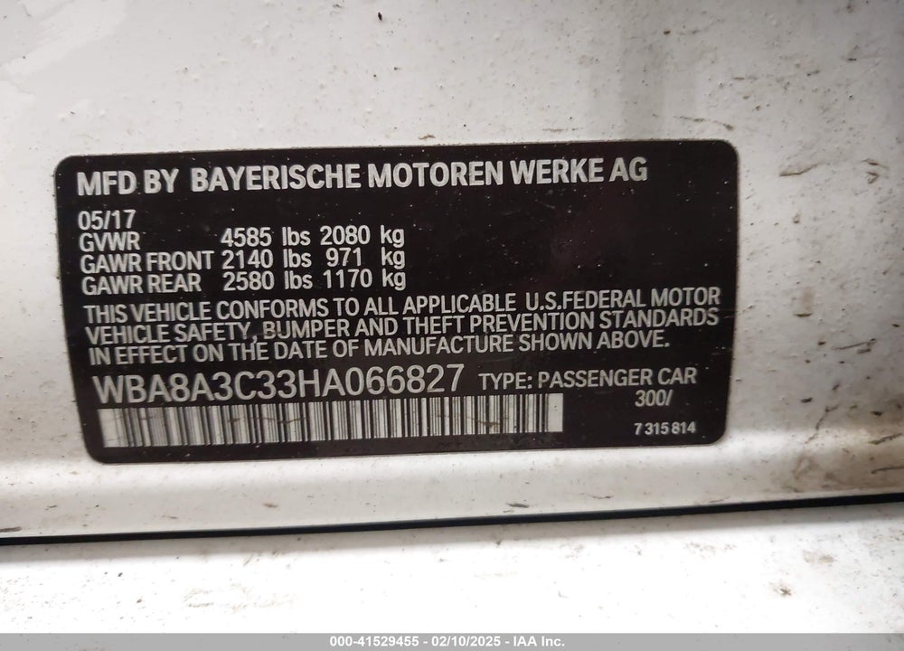 2017 BMW 320I VIN: WBA8A3C33HA066827