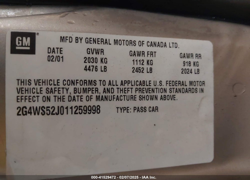 2001 BUICK CENTURY CUSTOM VIN: 2G4WS52J011259998