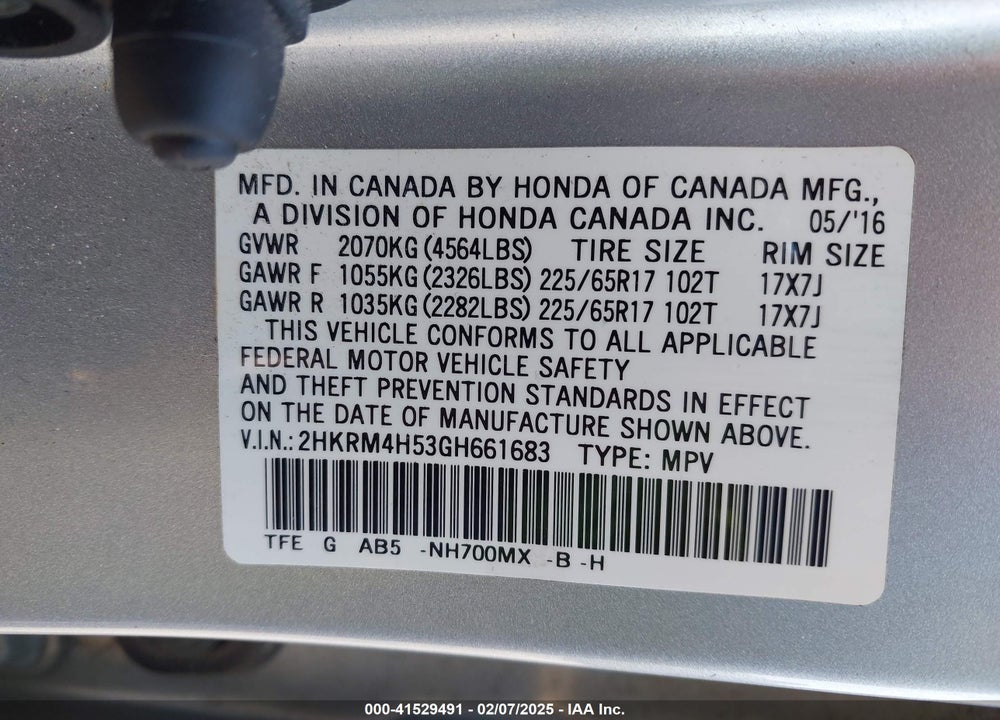 2016 HONDA CR-V EX VIN: 2HKRM4H53GH661683