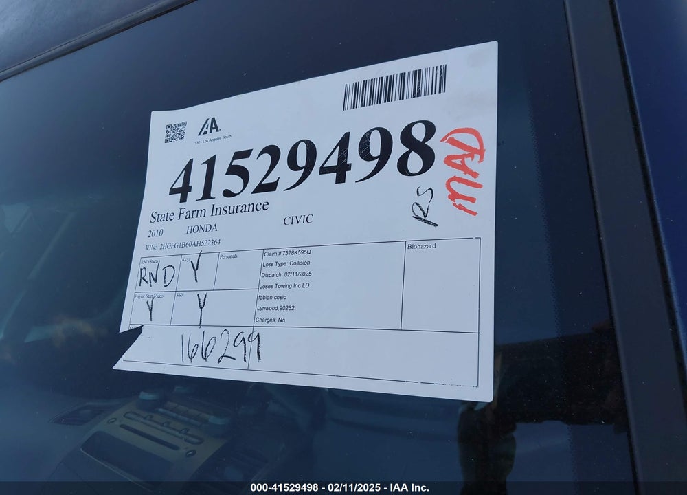 2010 HONDA CIVIC VIN: 2HGFG1B60AH522364