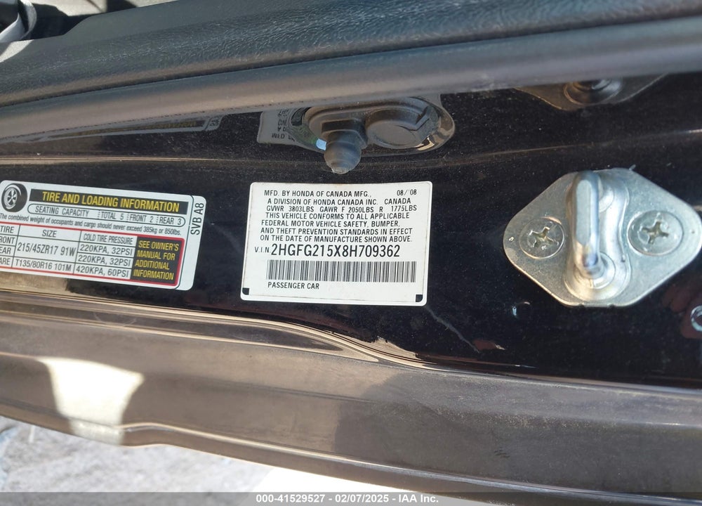 2008 HONDA CIVIC SI VIN: 2HGFG215X8H709362