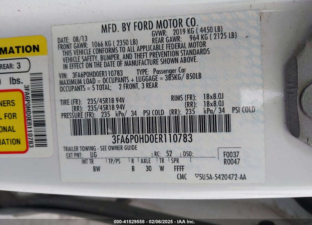 2014 FORD FUSION VIN: 3FA6P0HD0ER110783