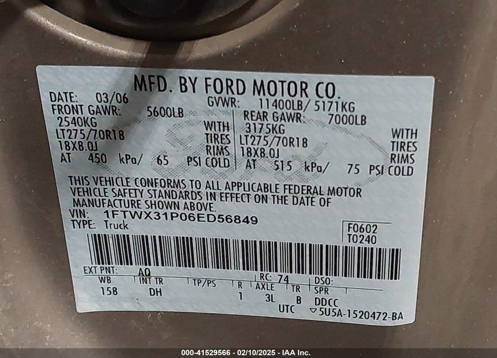 2006 FORD F-350 LARIAT/XL/XLT VIN: 1FTWX31P06ED56849
