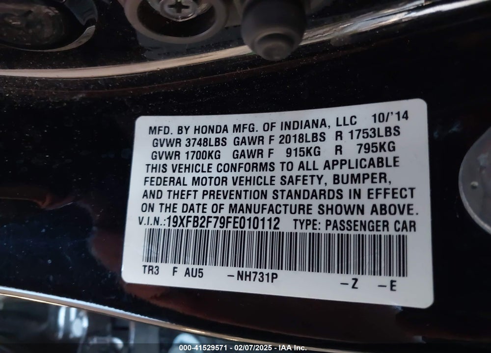 2015 HONDA CIVIC VIN: 19XFB2F79FE010112
