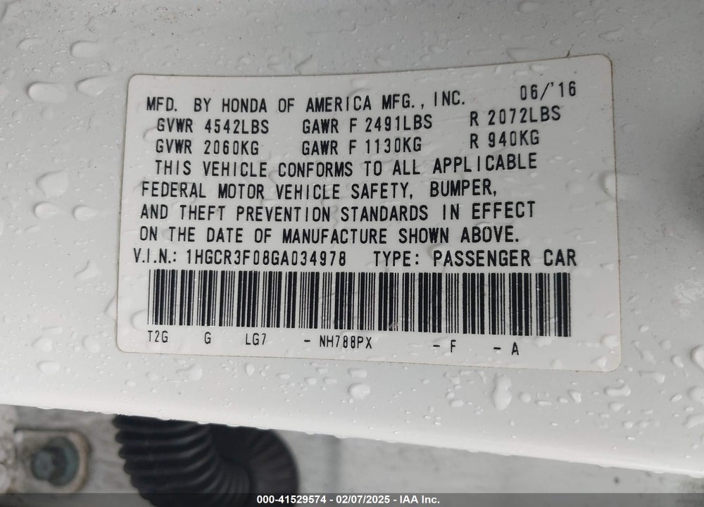 2016 HONDA ACCORD VIN: 1HGCR3F08GA034978