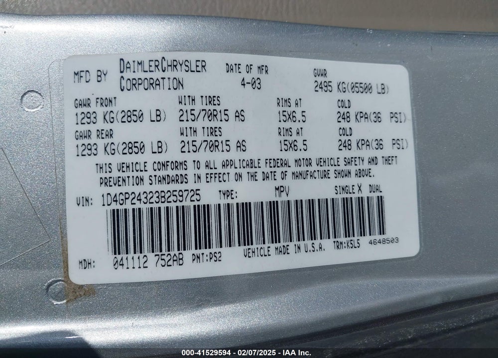 2003 DODGE GRAND CARAVAN SE VIN: 1D4GP24323B259725