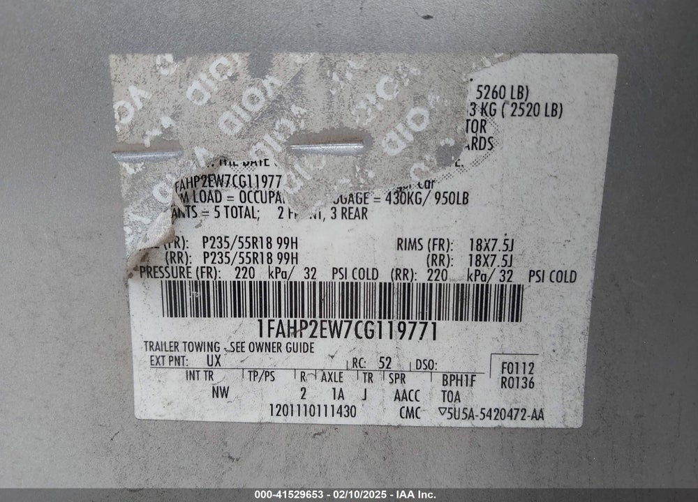 2012 FORD TAURUS VIN: 1FAHP2EW7CG119771