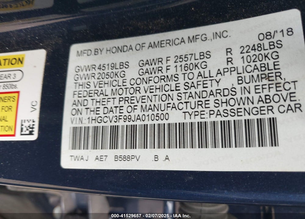 2018 HONDA ACCORD HYBRID VIN: 1HGCV3F99JA010500