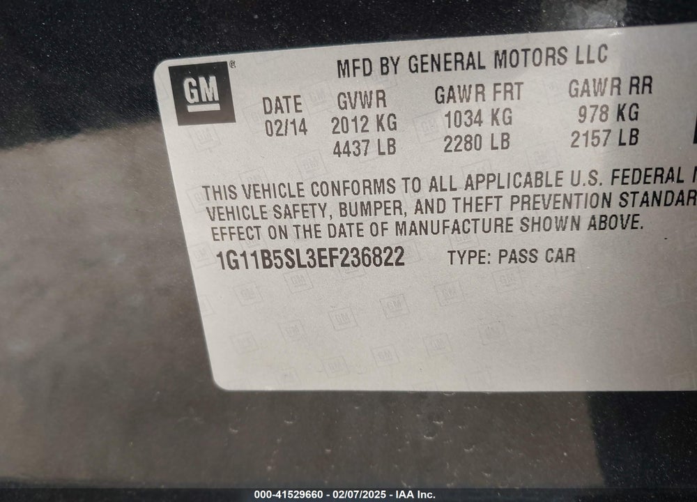 2014 CHEVROLET MALIBU VIN: 1G11B5SL3EF236822