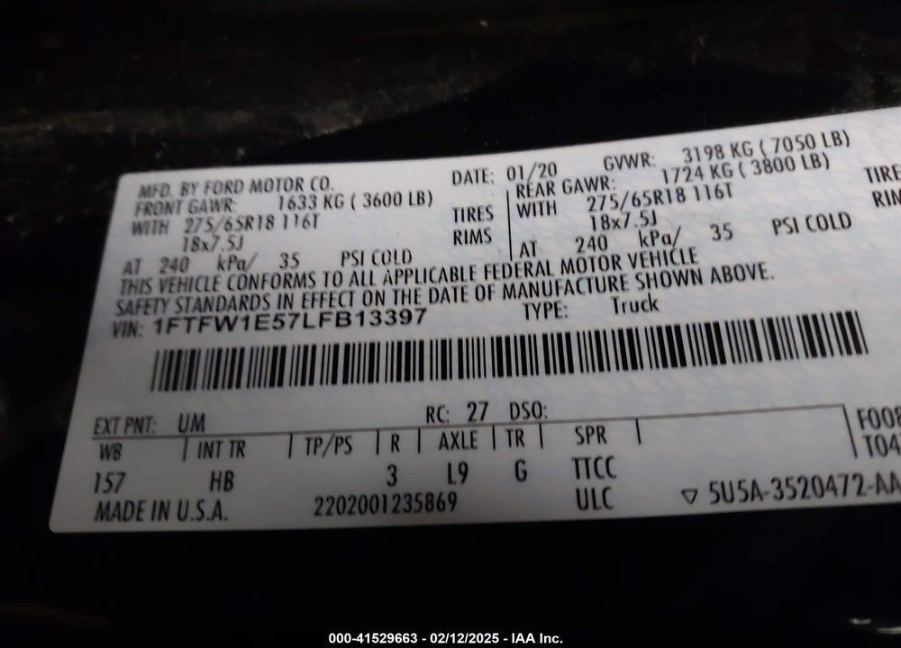 2020 FORD F-150 VIN: 1FTFW1E57LFB13397