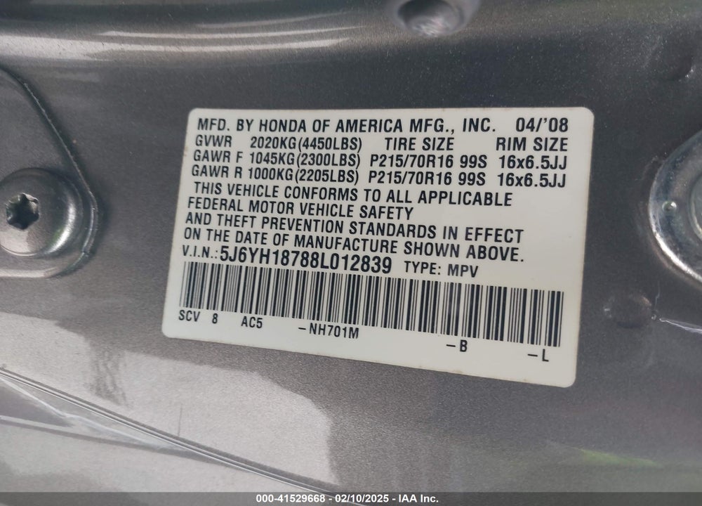 2008 HONDA ELEMENT EX VIN: 5J6YH18788L012839