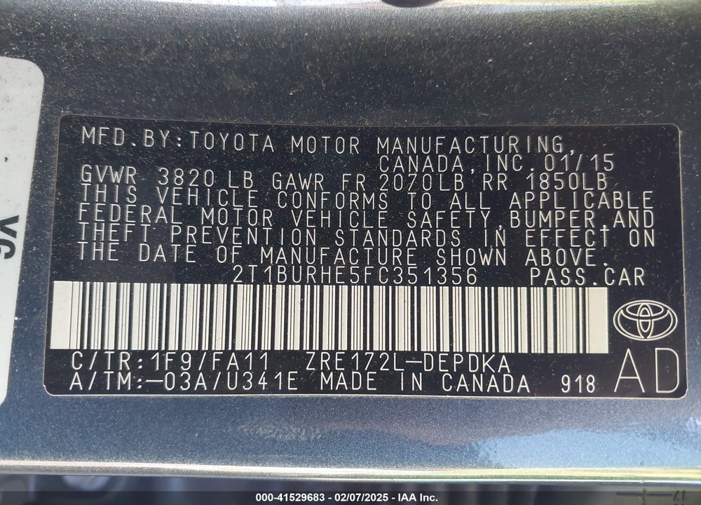 2015 TOYOTA COROLLA VIN: 2T1BURHE5FC351356