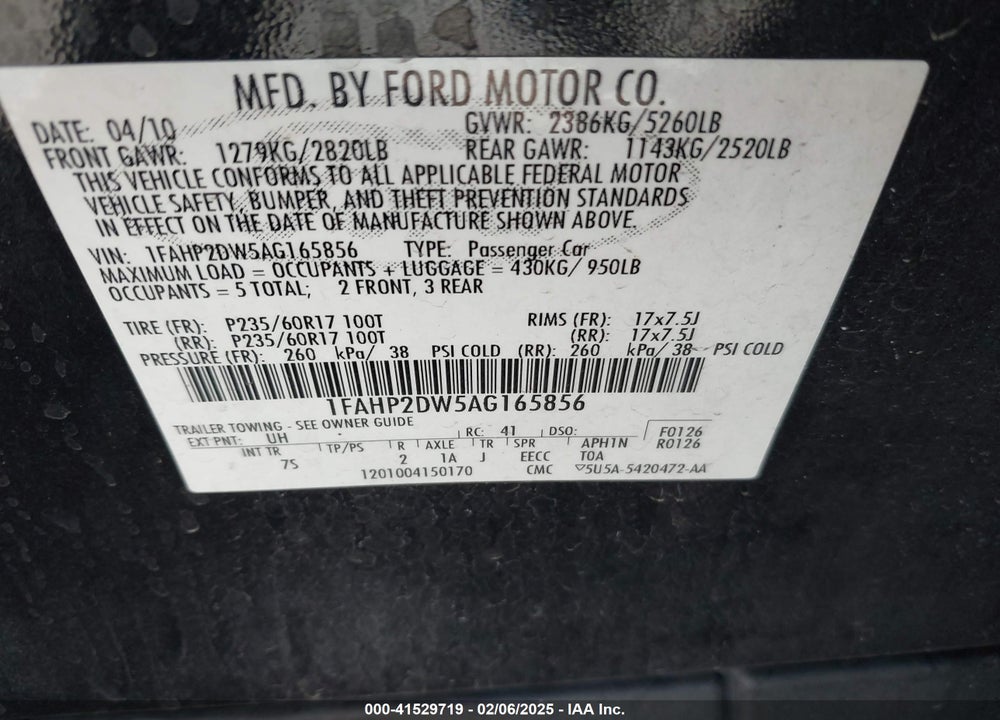 2010 FORD TAURUS SE VIN: 1FAHP2DW5AG165856