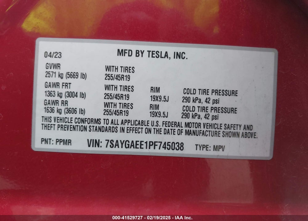 2023 TESLA MODEL Y AWD/LONG RANGE DUAL MOTOR ALL-WHEEL DRIVE VIN: 7SAYGAEE1PF745038