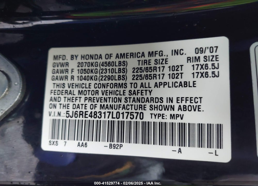 2007 HONDA CR-V VIN: 5J6RE48317L017570
