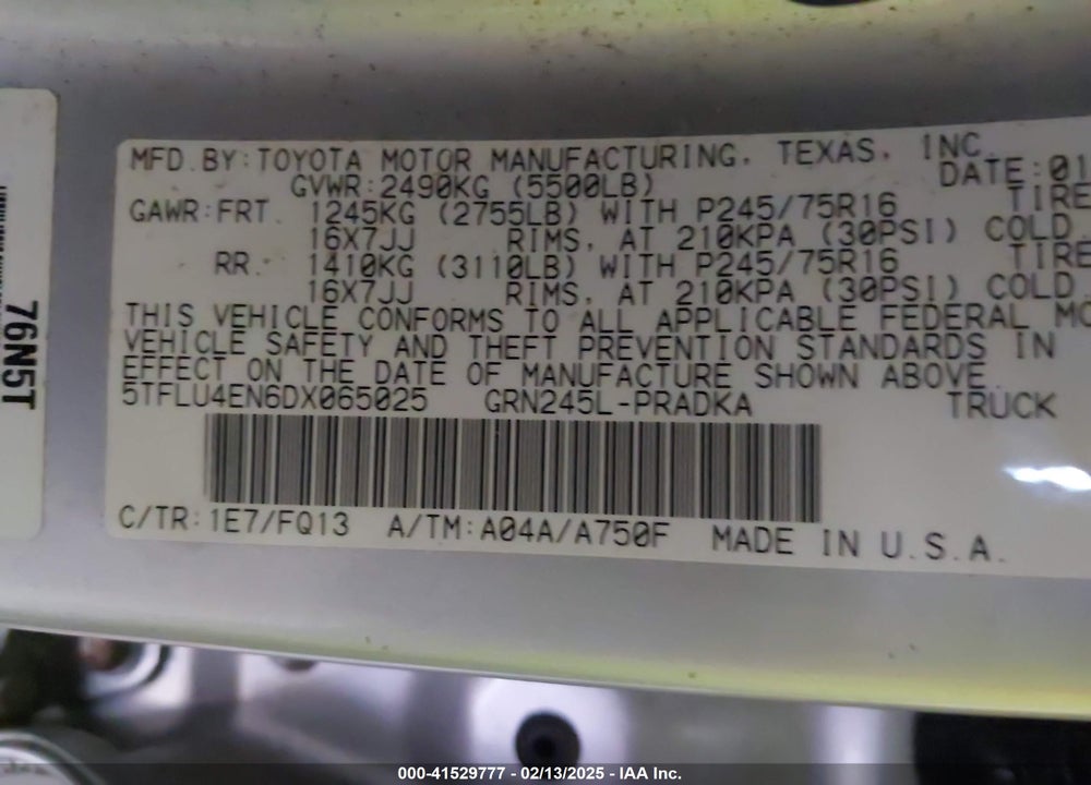 2013 TOYOTA TACOMA VIN: 5TFLU4EN6DX065025