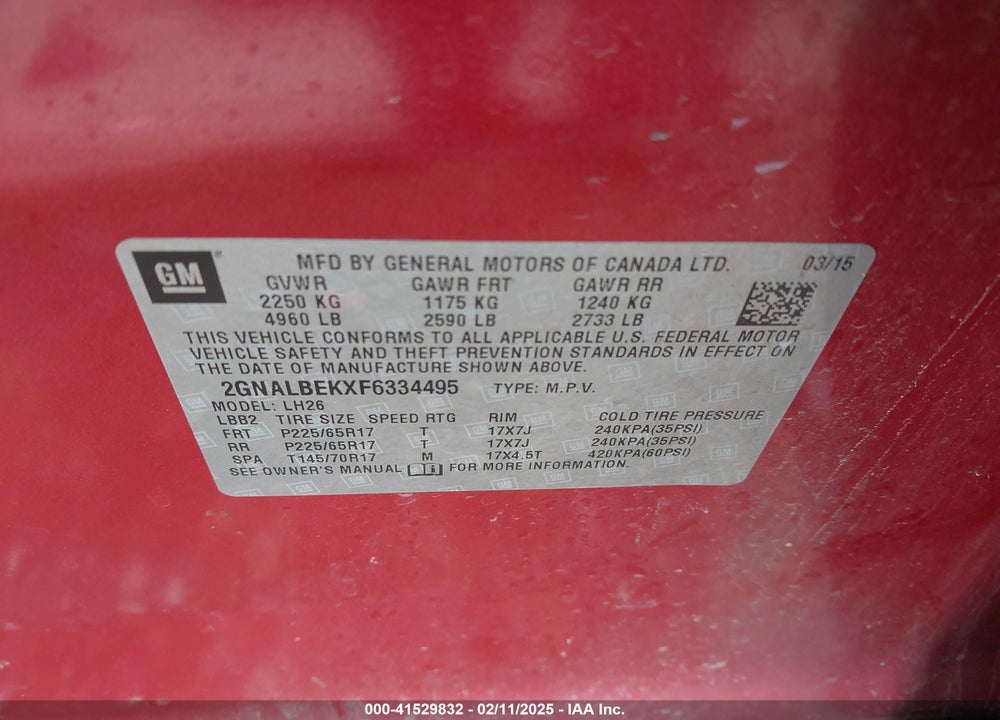 2015 CHEVROLET EQUINOX 1LT VIN: 2GNALBEKXF6334495