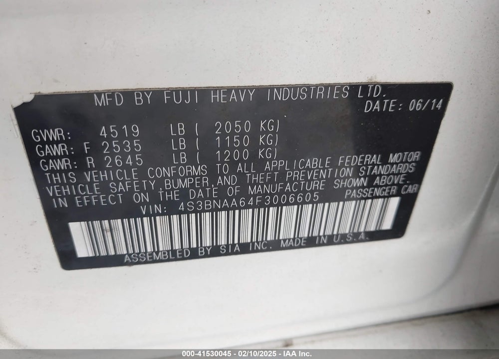 2015 SUBARU LEGACY VIN: 4S3BNAA64F3006605