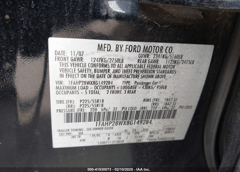 2008 FORD TAURUS VIN: 1FAHP28WX8G149284