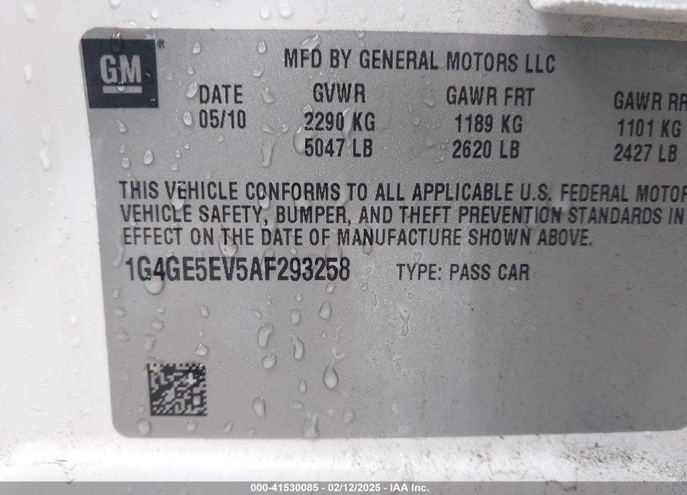 2010 BUICK LACROSSE VIN: 1G4GE5EV5AF293258