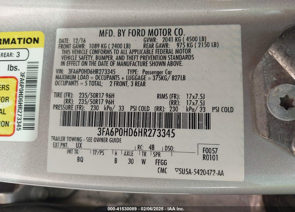 2017 FORD FUSION VIN: 3FA6P0HD6HR273345