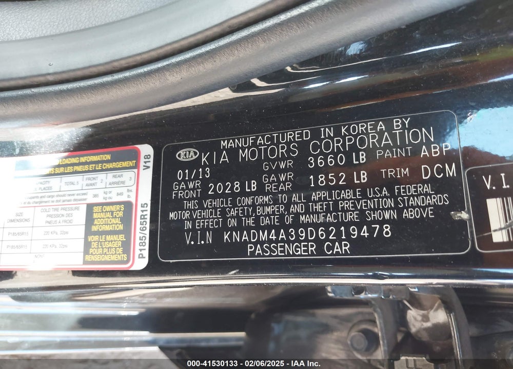 2013 KIA RIO VIN: KNADM4A39D6219478