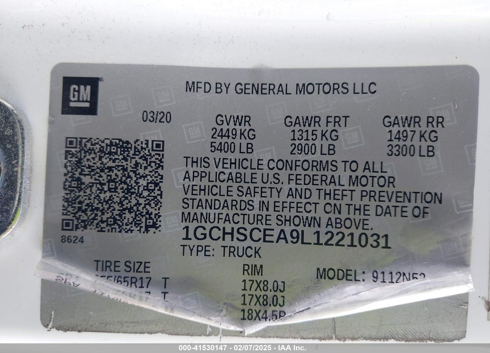 2020 CHEVROLET COLORADO VIN: 1GCHSCEA9L1221031