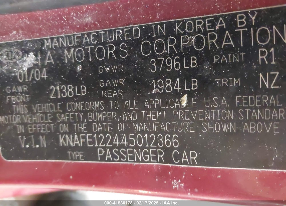 2004 KIA SPECTRA EX/LX VIN: KNAFE122445012366