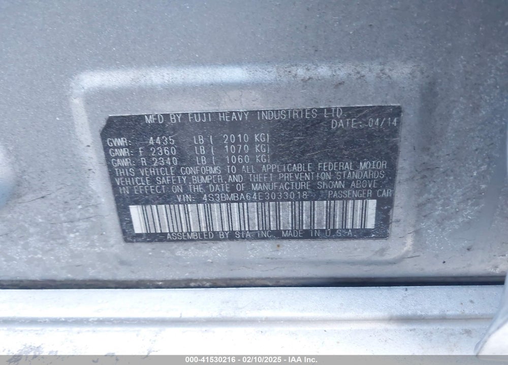 2014 SUBARU LEGACY 2.5I VIN: 4S3BMBA64E3033018
