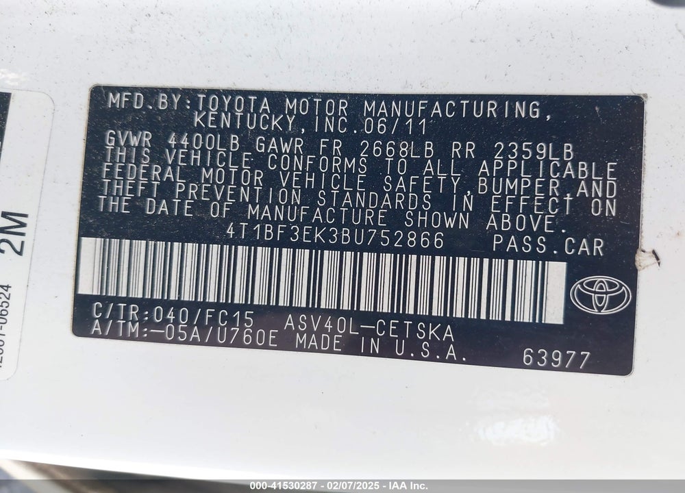 2011 TOYOTA CAMRY VIN: 4T1BF3EK3BU752866